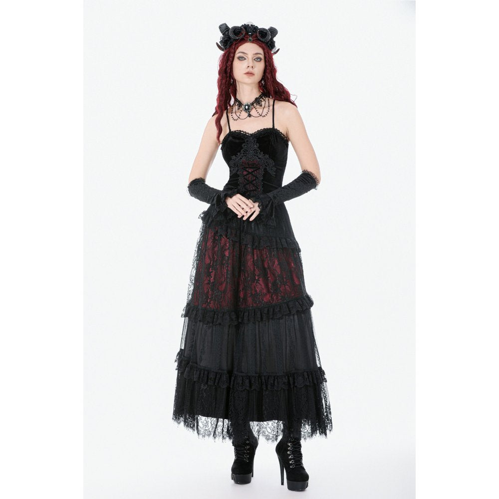 Dark in Love Spliced Lace Maxi Skirt – Gothic Black and Red Layered