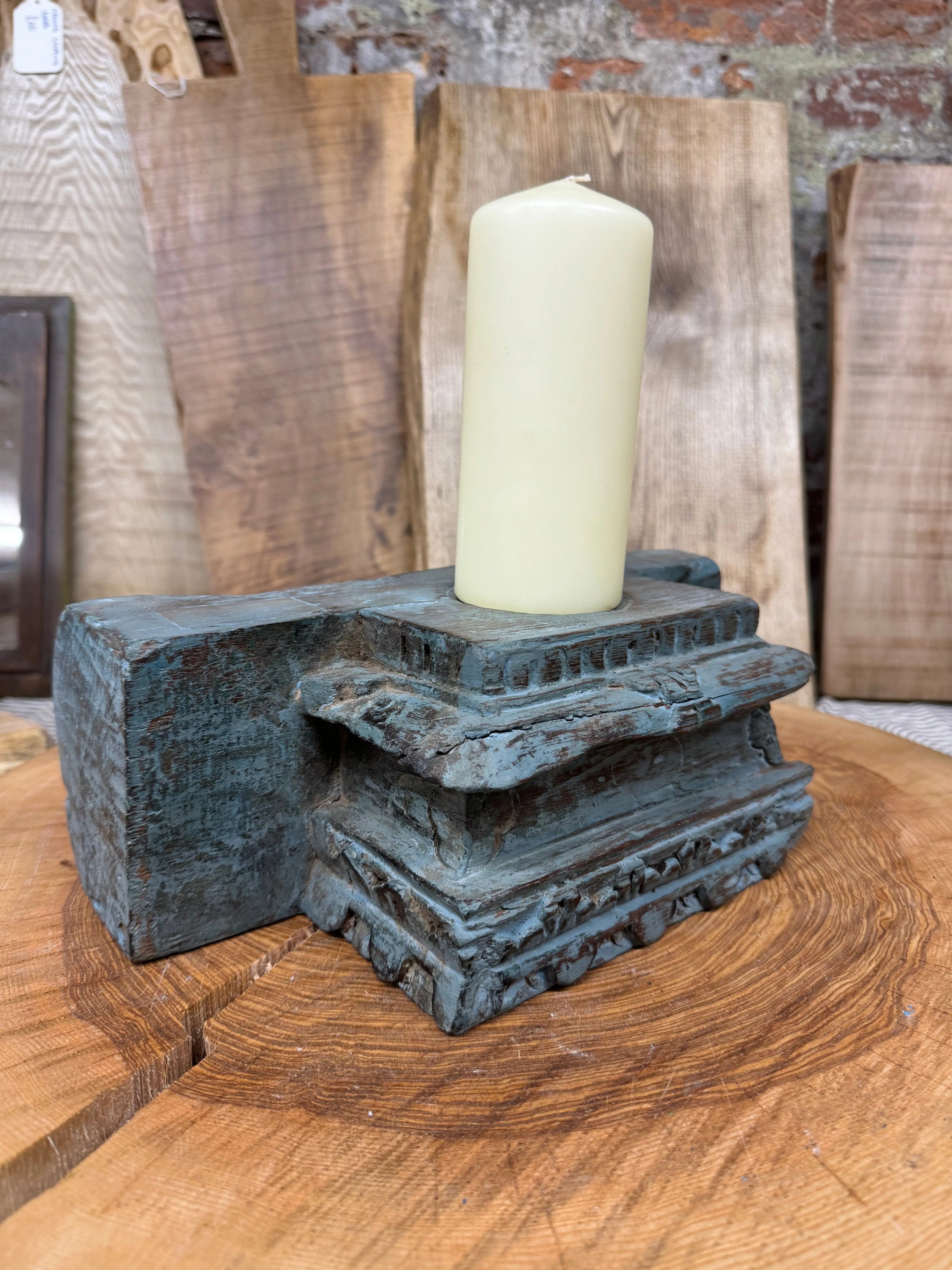 Indian Pillar Candle Holder – Rustic Reclaimed Wood Base in Dark Blue