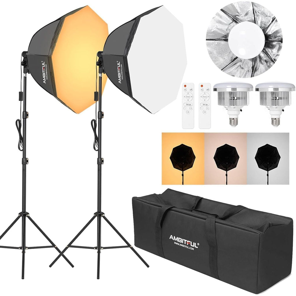 AMBITFUL 2-Pack 65cm Softbox Lighting Kit | 50W Bi-Color LED with Tripods