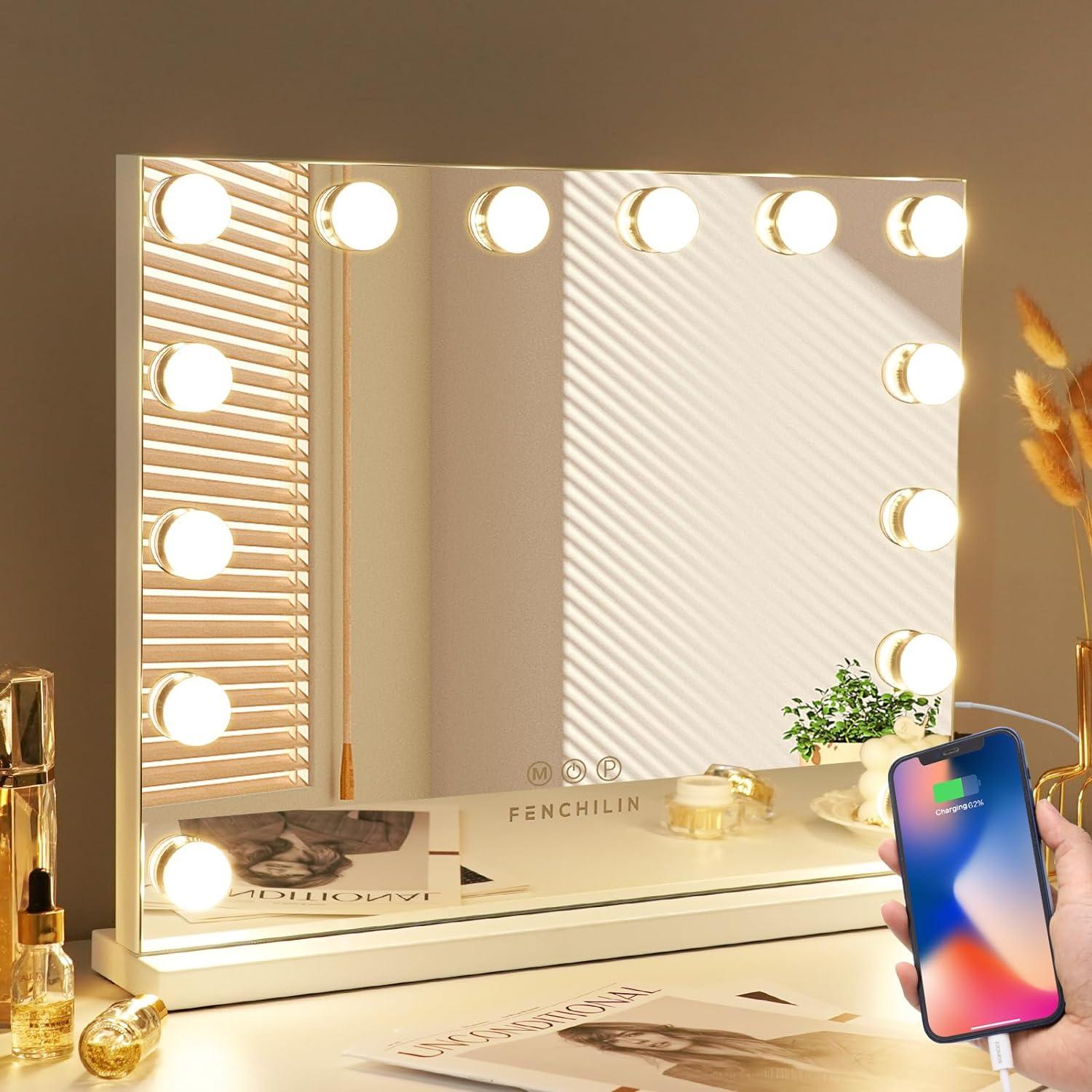 FENCHILIN LED Makeup Mirror | 14 Dimmable Bulbs & USB Port | 58x46cm