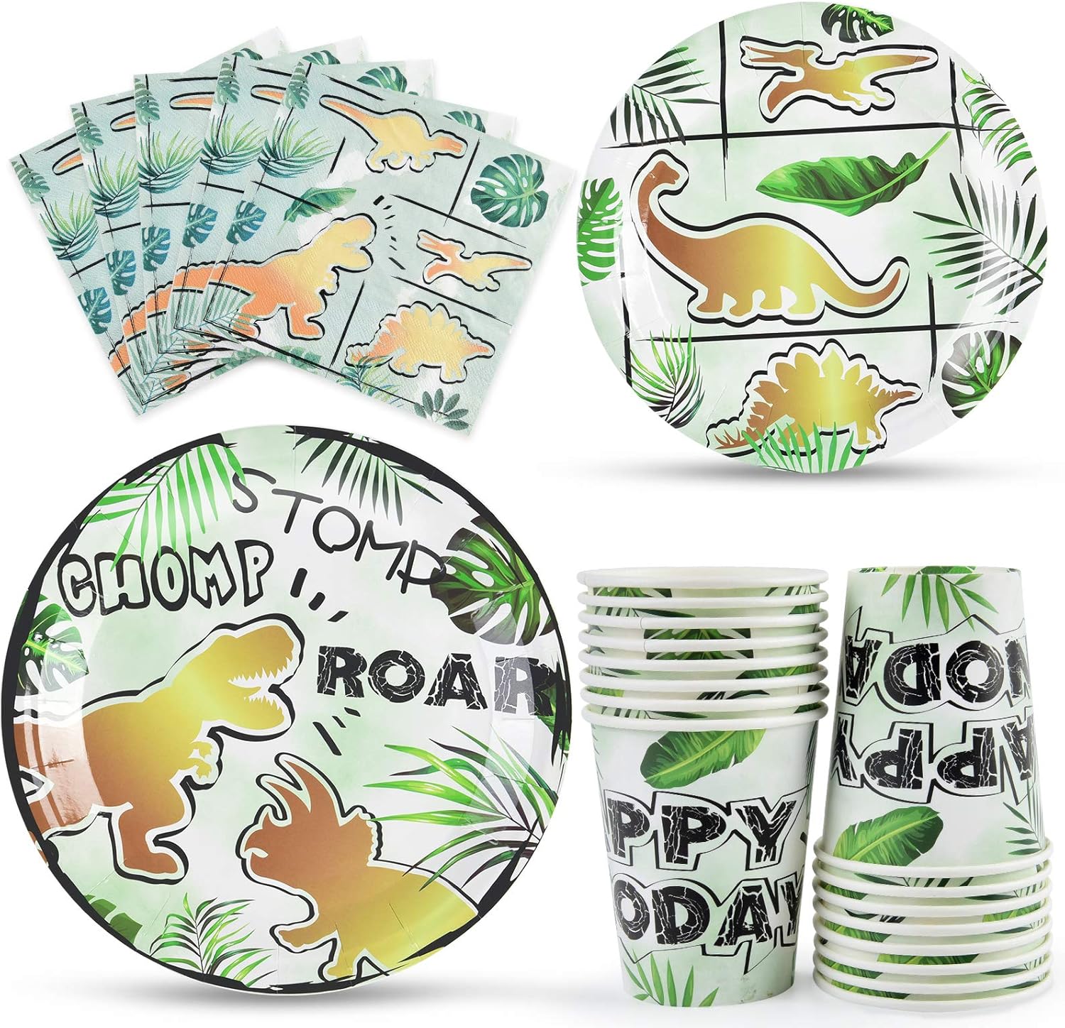 Massive Discounts Gold Dinosaur Party Tableware Set - 16 Guests 64pc
