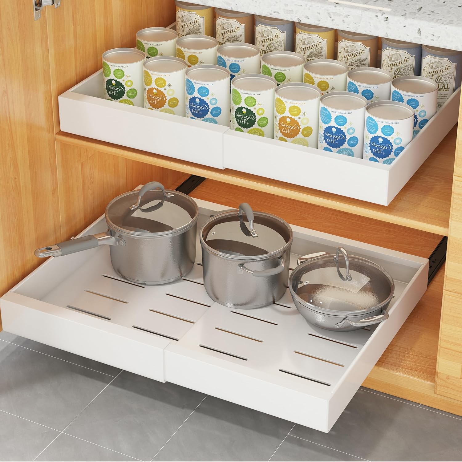 COVAODQ Pull-Out Cabinet Organizer | Adjustable 12-20in Metal Drawer 2-Pack