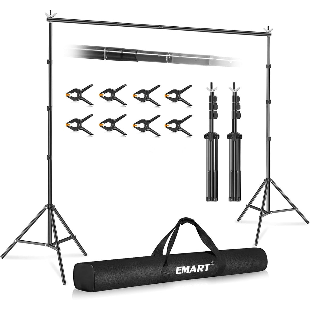 EMART 3x3m Backdrop Stand Kit - Adjustable Photo Studio Support with 8 Clamps
