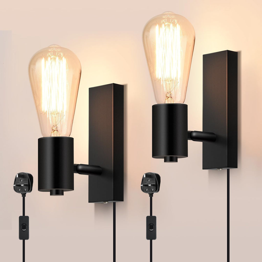 Lightsjoy 2-Pack Rotatable Industrial Plug-In Wall Sconces – Black E27