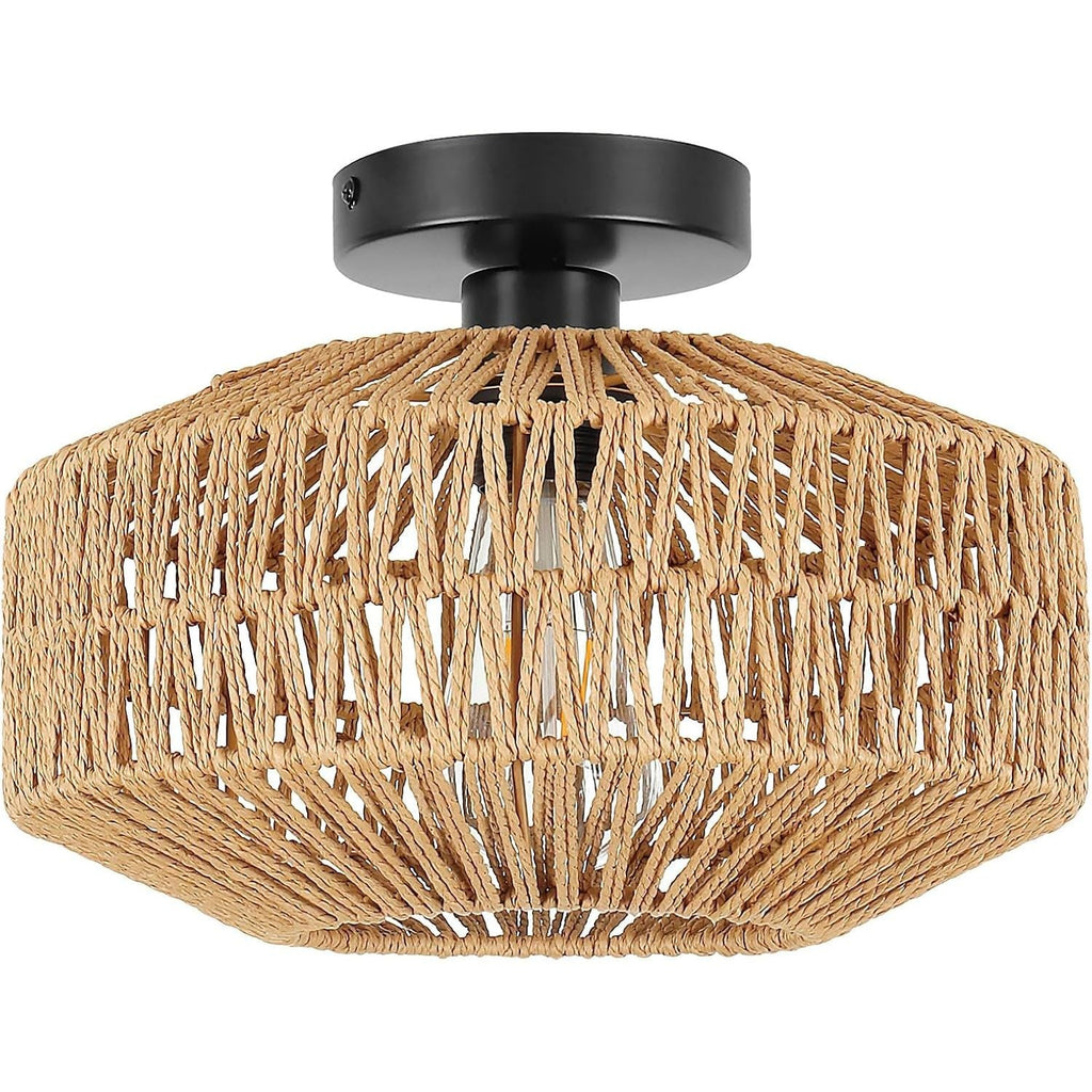 Schindora Boho Rattan Ceiling Light – Rustic Braided Woven Lamp Shade