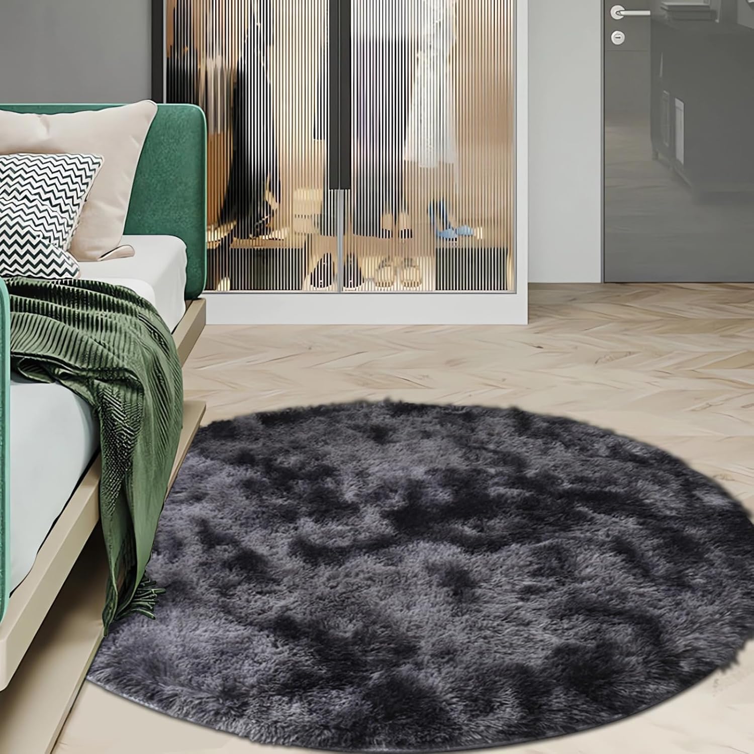 ConCusT Dark Grey Round Shag Rug | 120cm Fluffy Faux Fur Soft Carpet