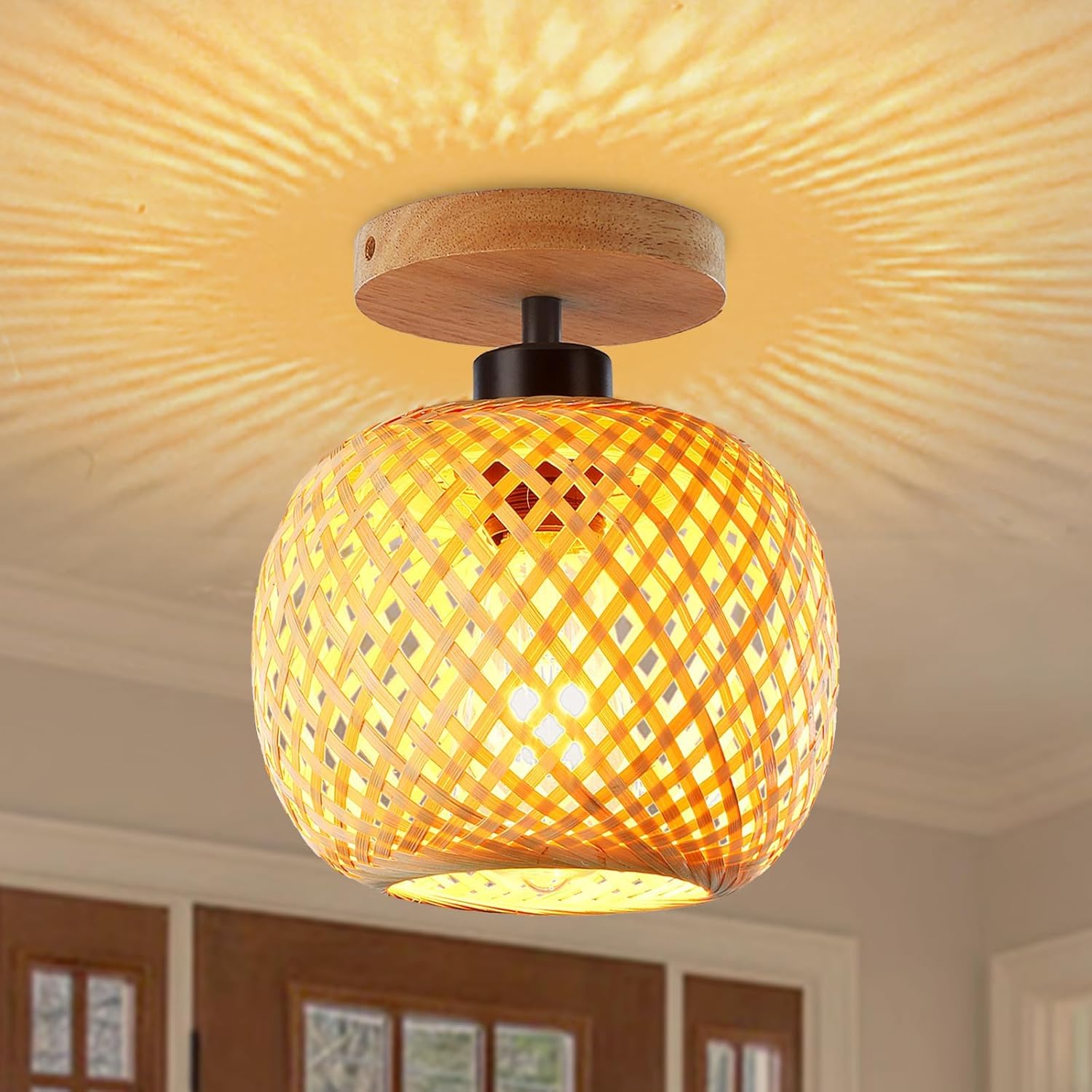 Schindora Bamboo Flush Mount Ceiling Light – Boho Rattan Wicker Fixture