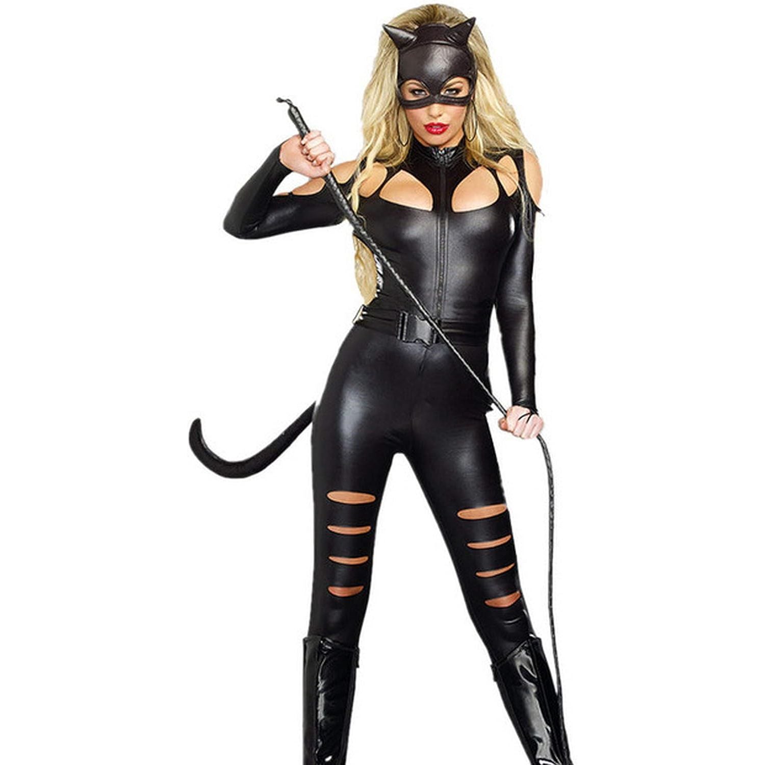 Massive Discounts Catwoman Costume - Black Catsuit with Mask & Tail