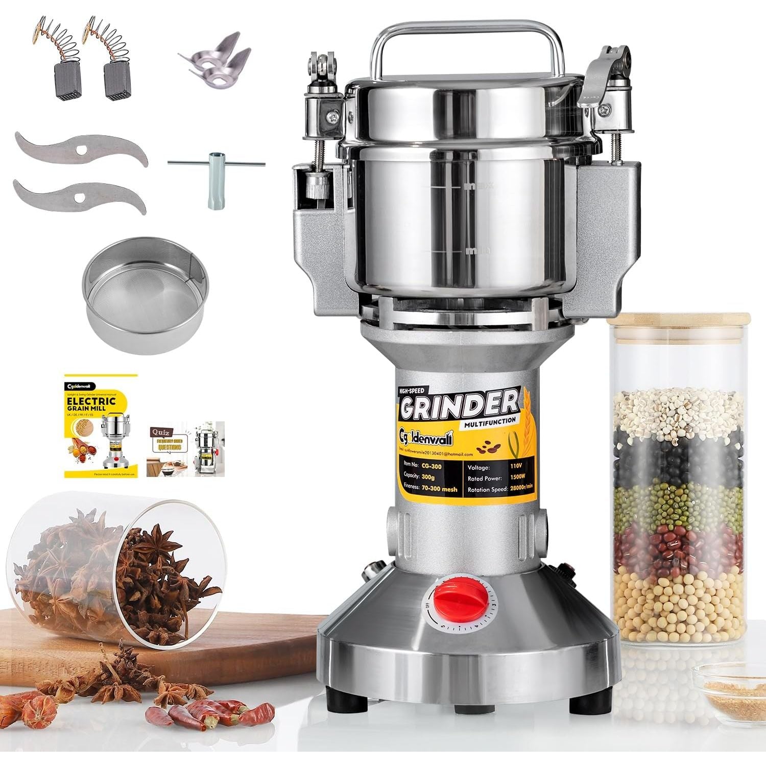 CGOLDENWALL Electric Grain Grinder – 300g Herb & Spice Mill, 1500W