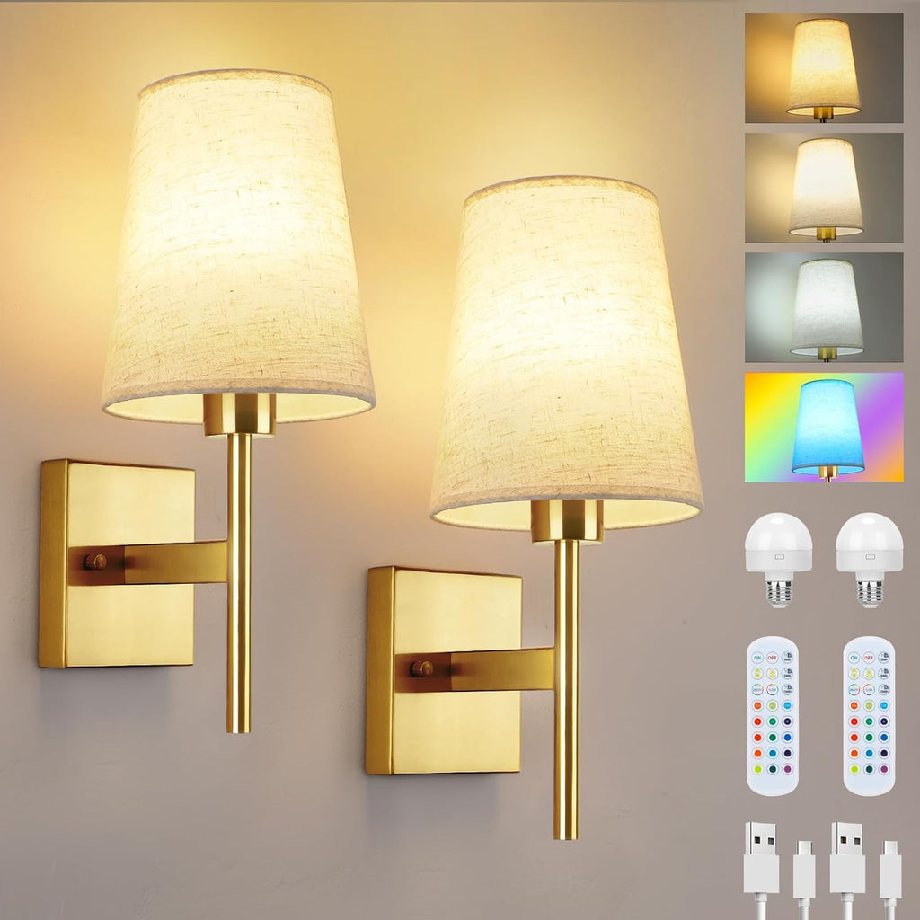 Lightsjoy Rechargeable RGB Wall Sconces – Gold Cordless Lights (Set of 2)