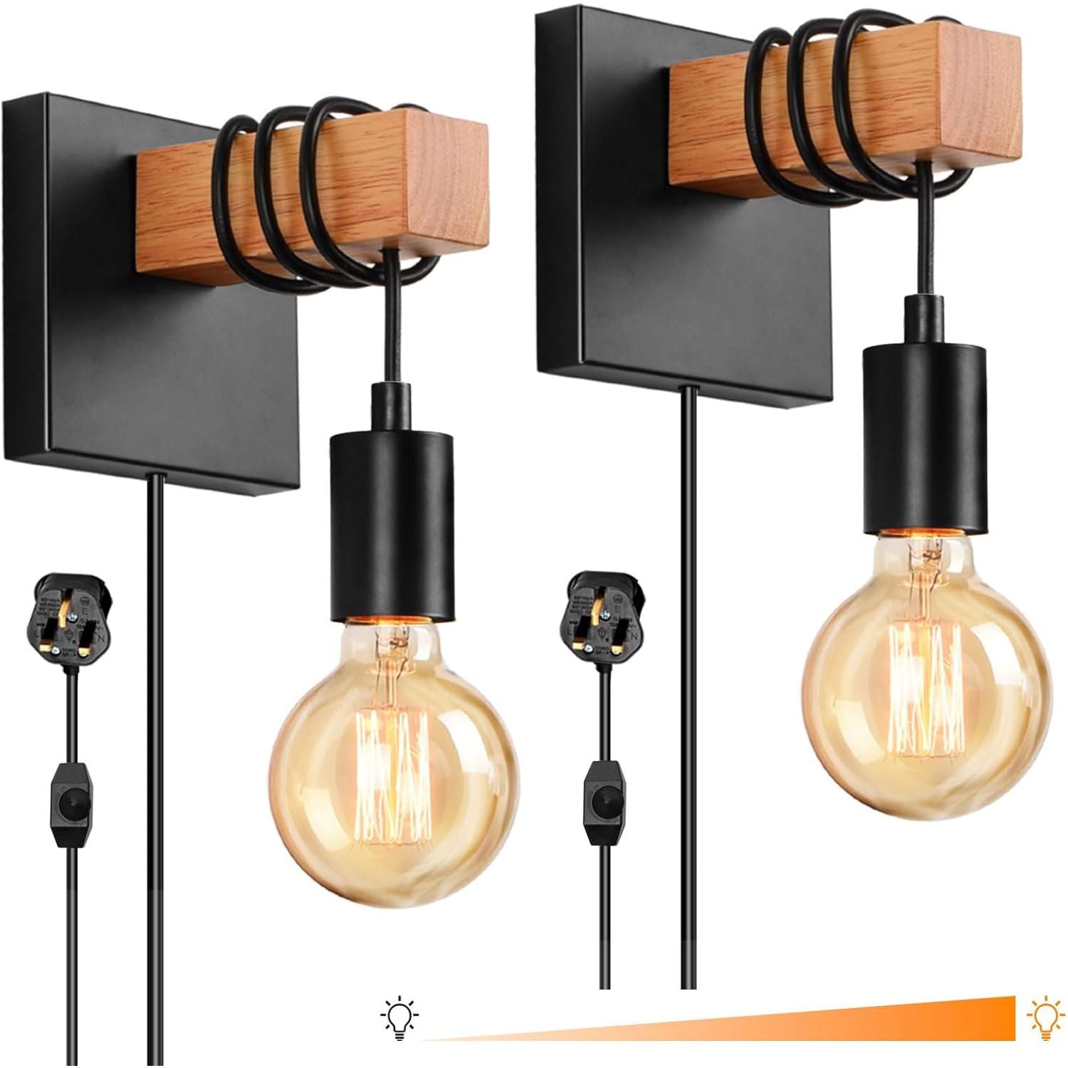 Lightess Dimmable Plug-In Wall Sconces – 2-Pack Black Wood Lighting