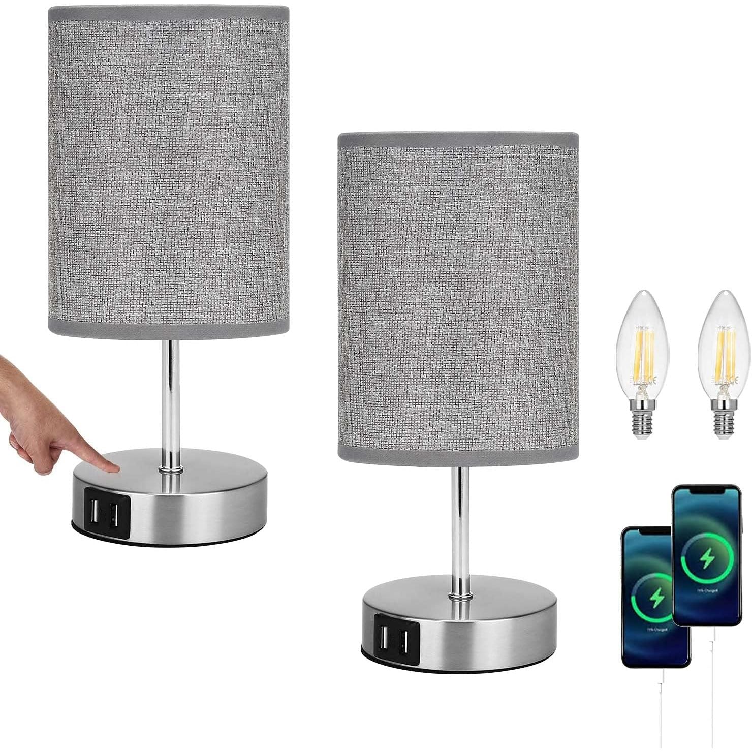 Lightess Touch Bedside Lamps - Set of 2 Grey USB Dimmable Table Lamps