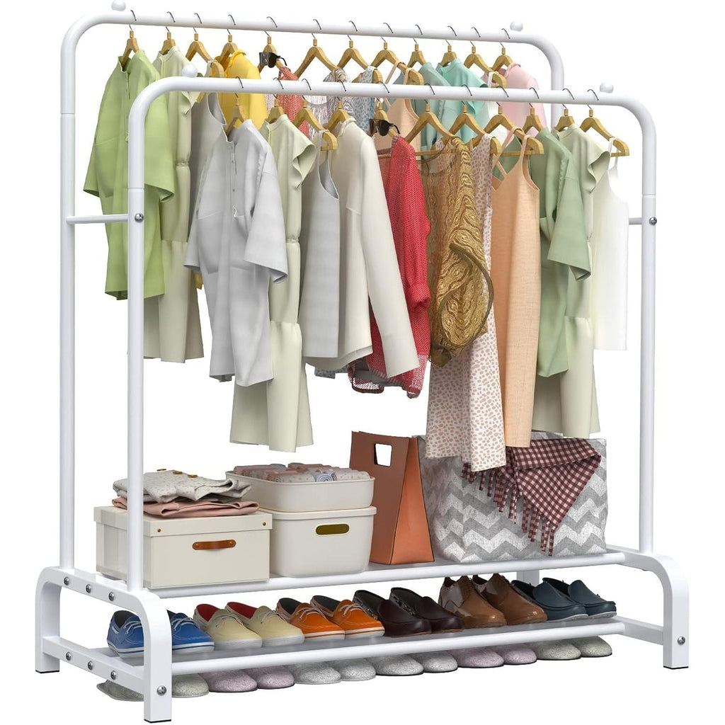 LOEFME Double Metal Garment Rack – Heavy Duty 2-Tier Clothes Rail, White