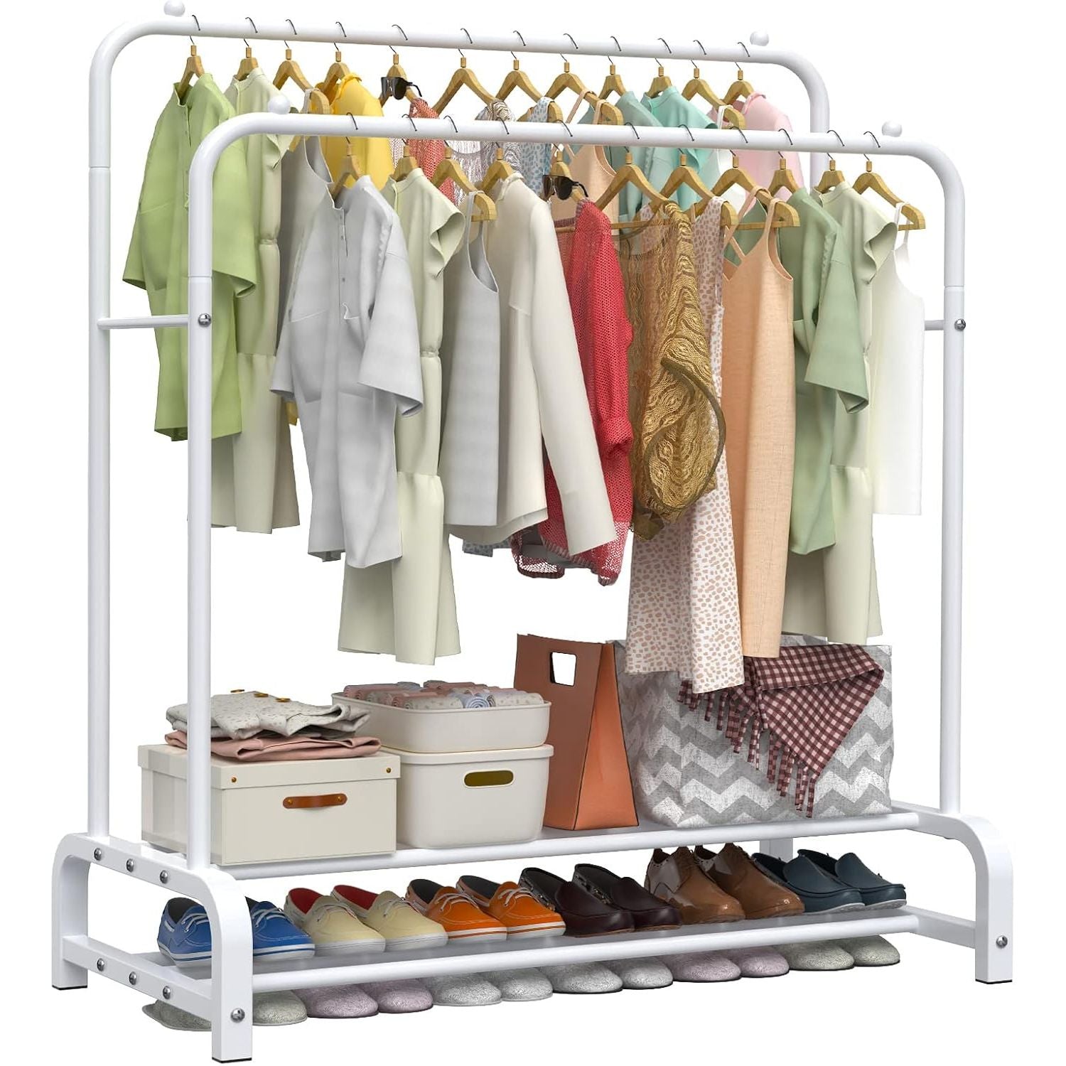 LOEFME Double Metal Garment Rack – Heavy Duty 2-Tier Clothes Rail, White