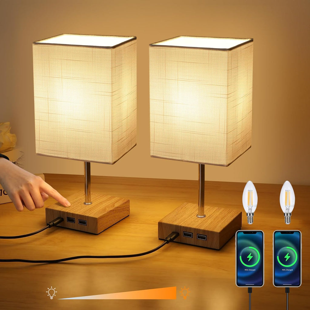 Lightsjoy Touch Bedside Lamps 2-Pack | Stepless Dimmable USB C & A