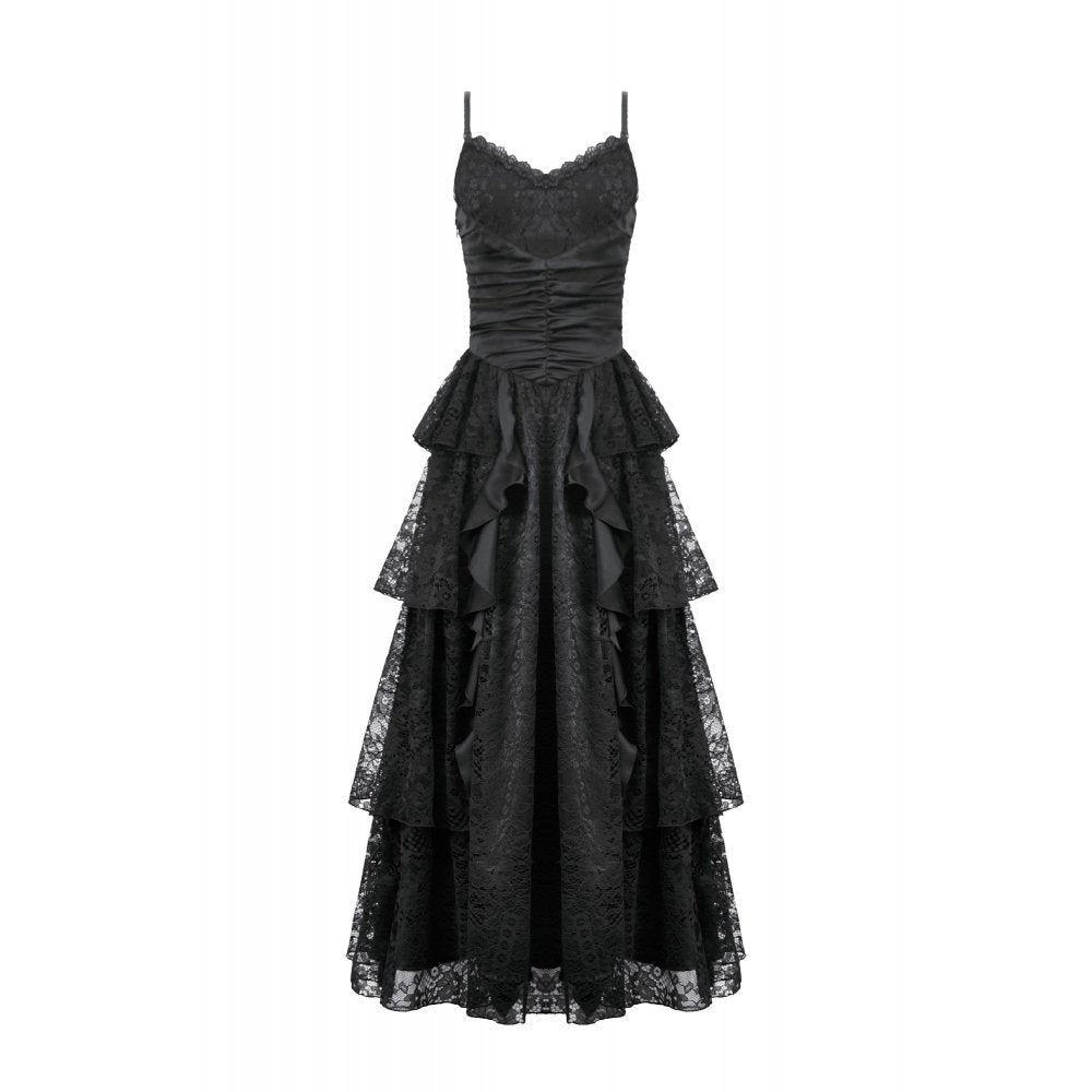 Dark in Love Black Gothic Satin and Lace Tiered Corset Dress