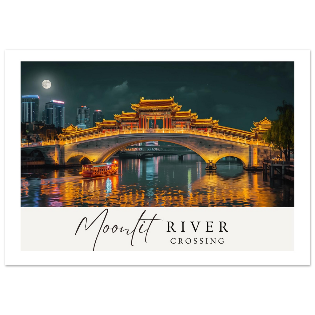 Moonlit River Crossing Poster - Illuminated Bridge Night Scene - Modern Landscape Wall Art Print