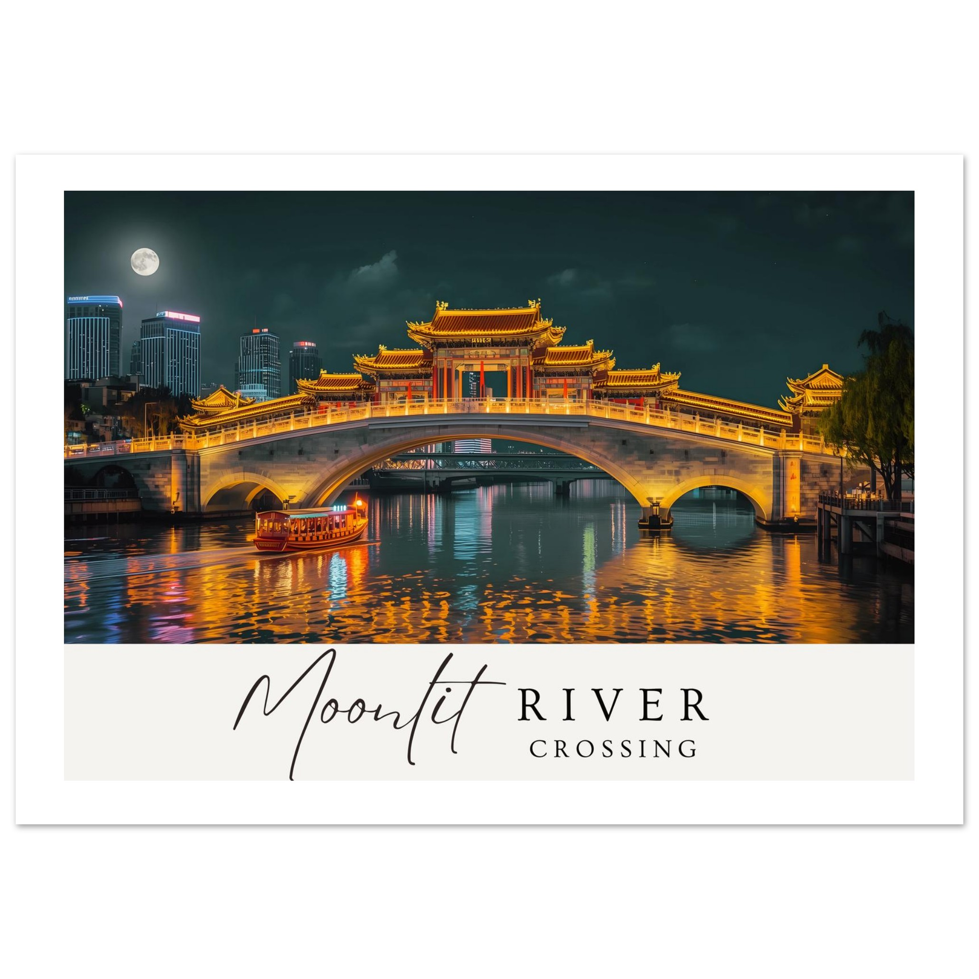 Moonlit River Crossing Poster - Illuminated Bridge Night Scene - Modern Landscape Wall Art Print