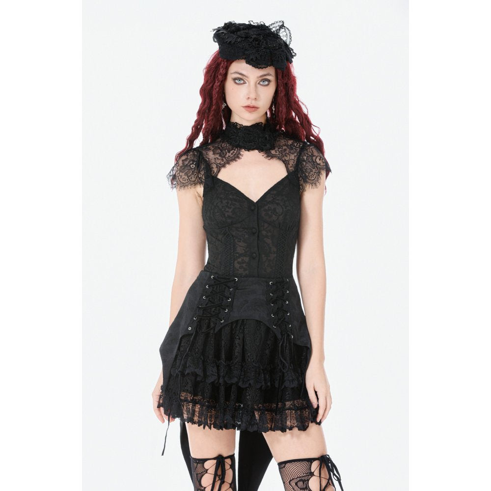 Dark in Love Thornspell Gothic Black Lace and Satin Layered Overskirt