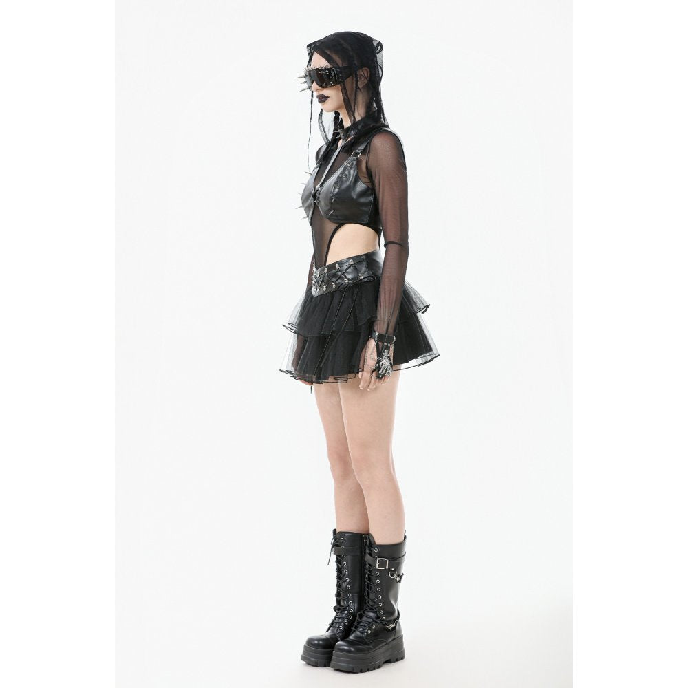Dark in Love Black Tulle Layered Goth Mini Skirt with Studded Waist