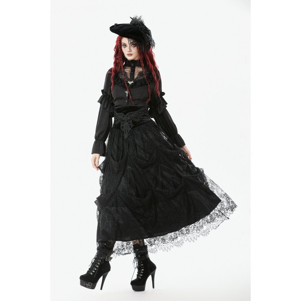 Dark in Love Gloriana Gothic Black Tulle and Lace Draped Maxi Skirt