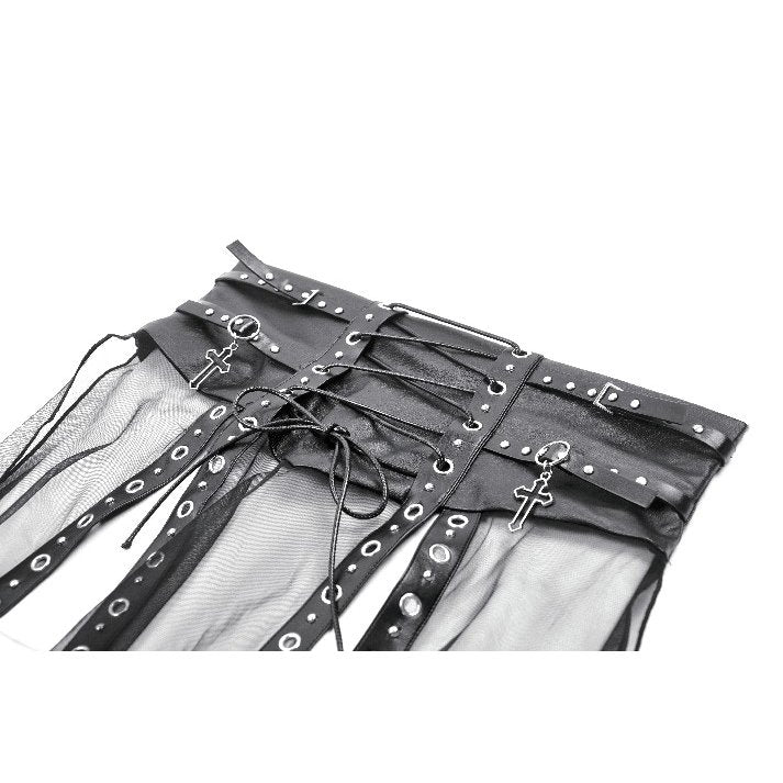 Dark in Love Gothic Sheer Mesh Maxi Skirt with PU Corset Belt - Black