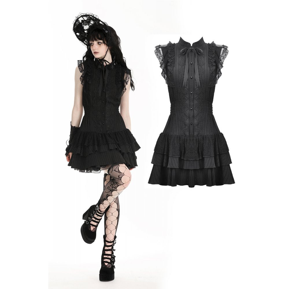 Dark in Love Diya Black Tiered Goth Dress – Sleeveless Lace Victorian
