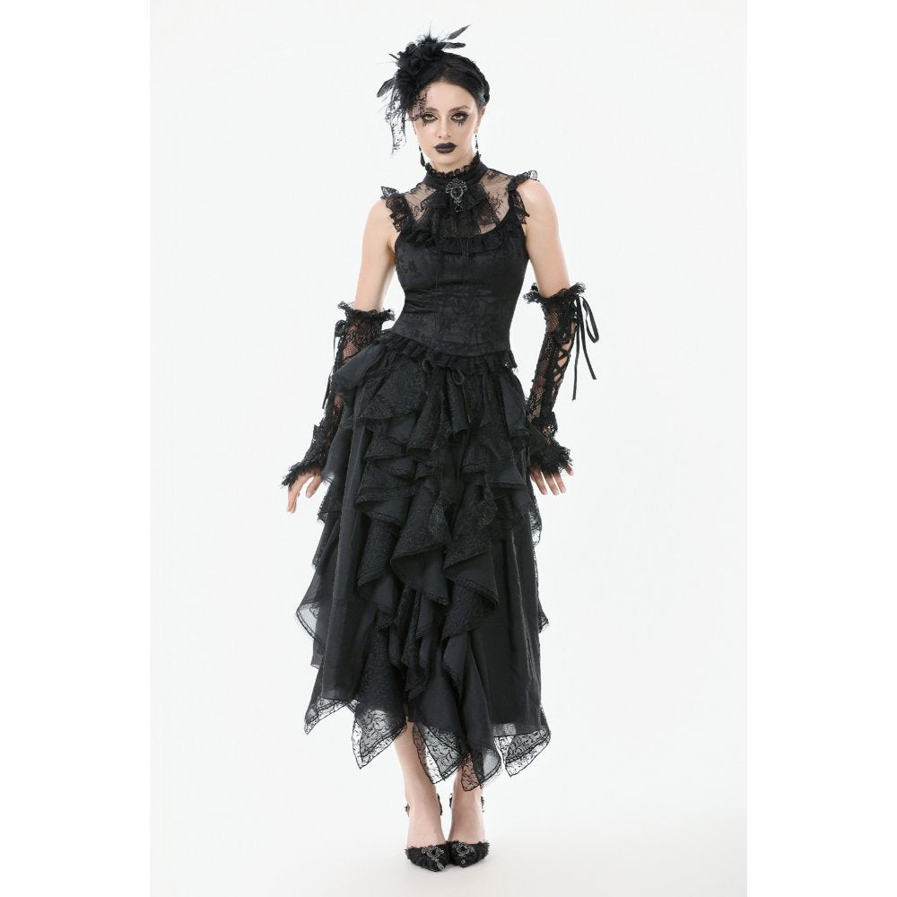 Dark in Love Morrigan Ruffled Goth Midi Skirt - Black Lace Asymmetric