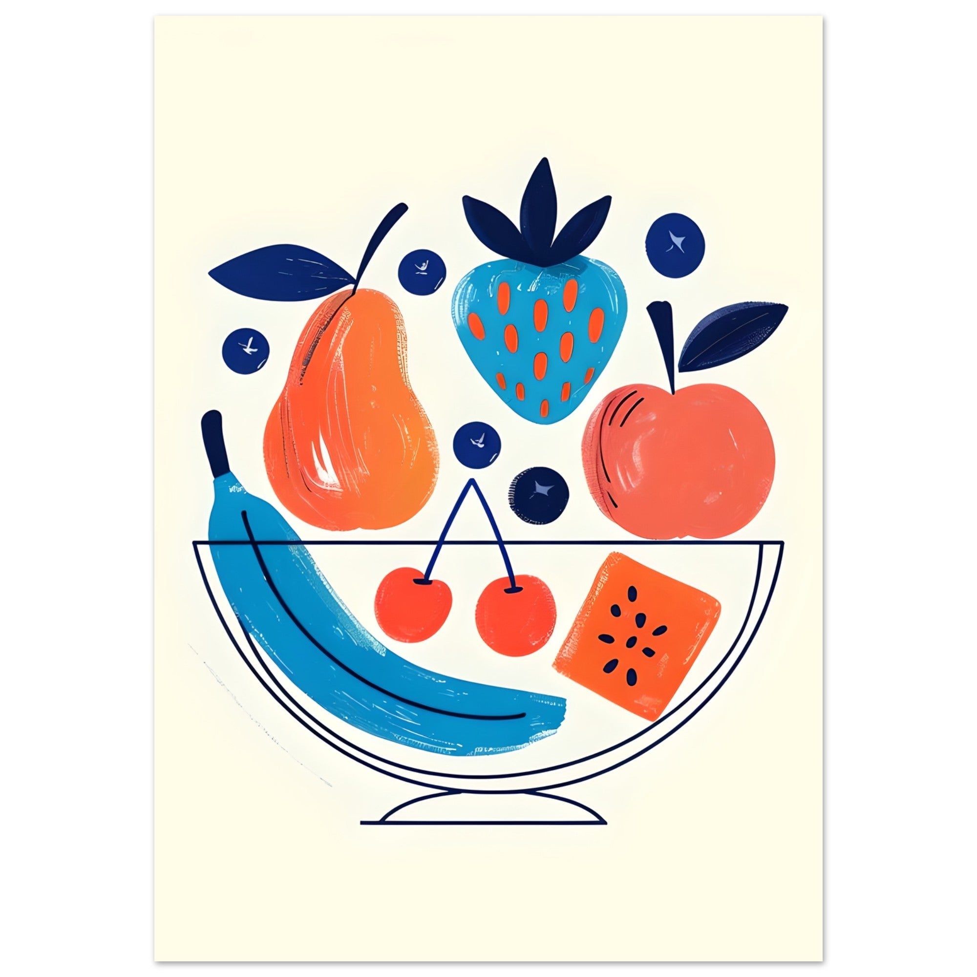Modern Fruit Bowl Poster - Scandinavian Kitchen Wall Art - Colorful Food Illustration Print