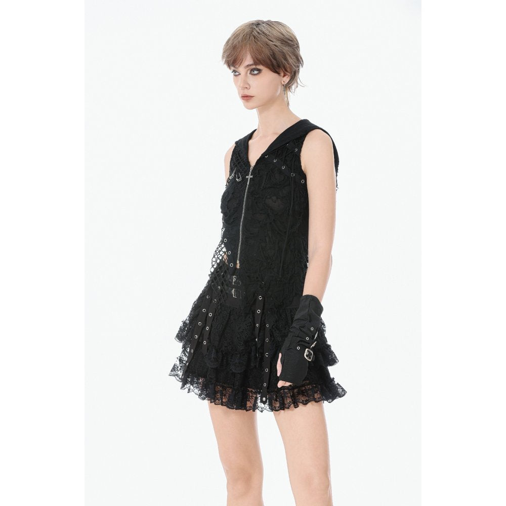 Dark in Love Black Punk Eyelet Lace Layered Mini Skirt with Buckles