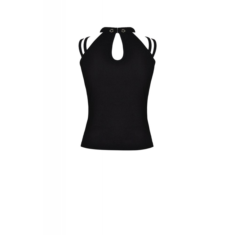 Dark in Love Enyo Goth Halter Top – Black Mesh & Faux Leather