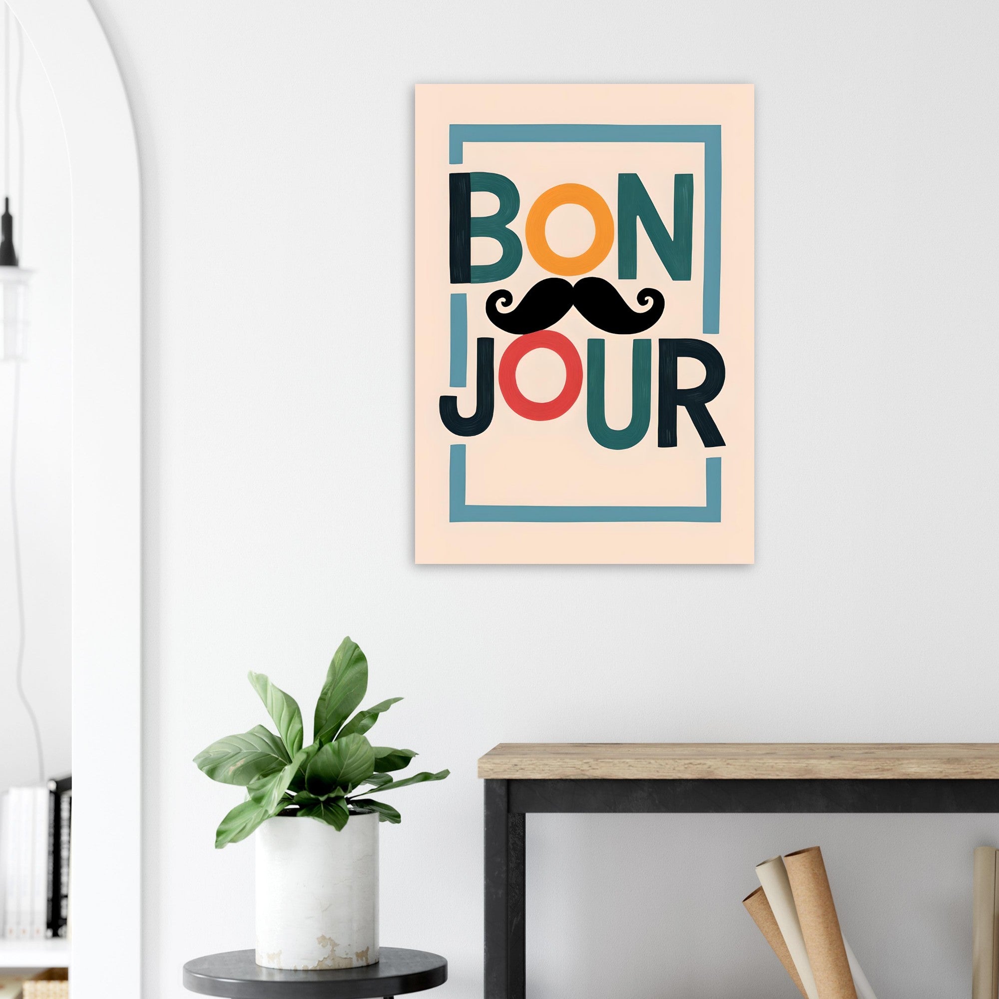 Bonjour Poster - Quirky French Greeting Wall Art with Mustache - Fun Living Room & Café Decor