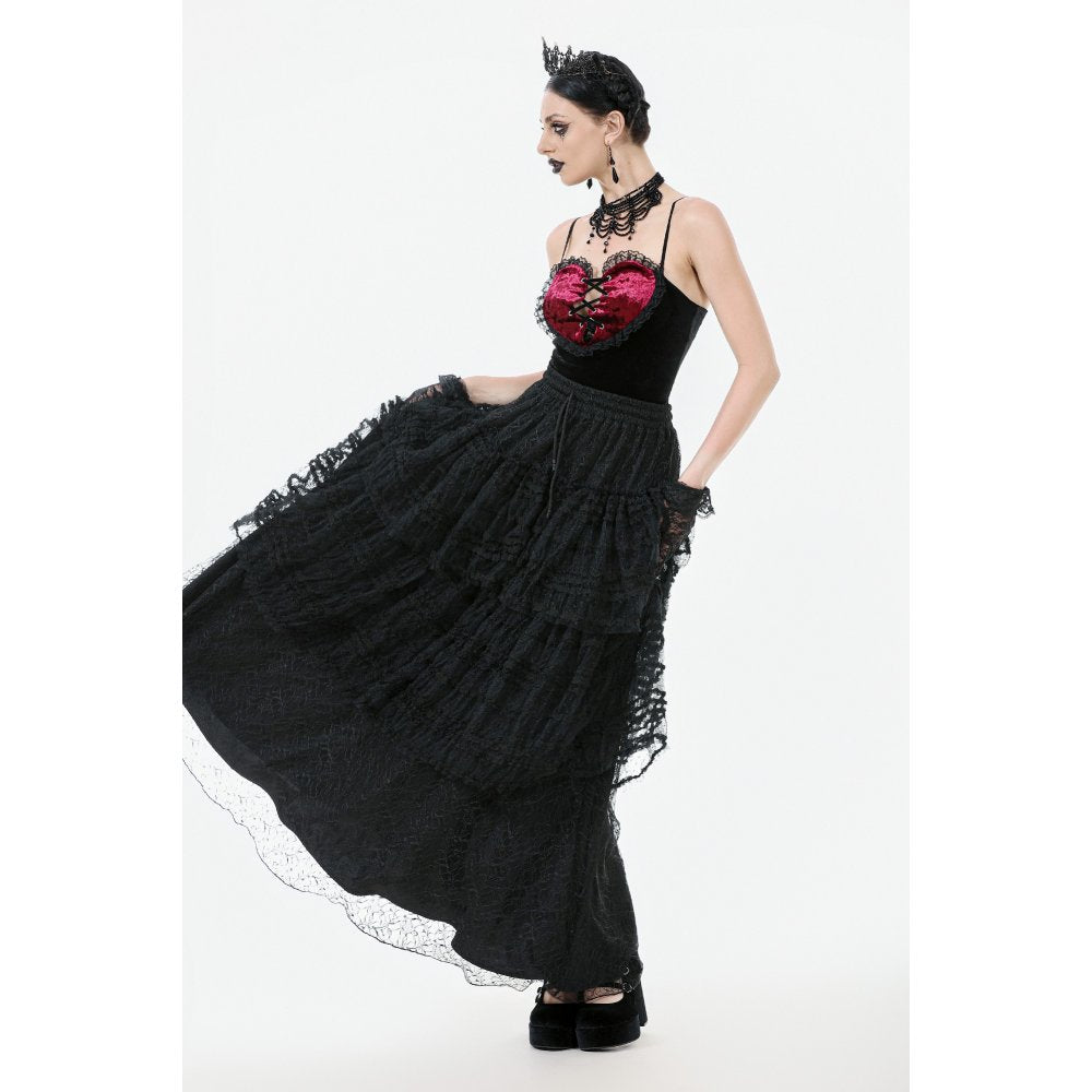 Dark in Love Morticia Gothic Velvet & Lace Tiered Skirt in Black