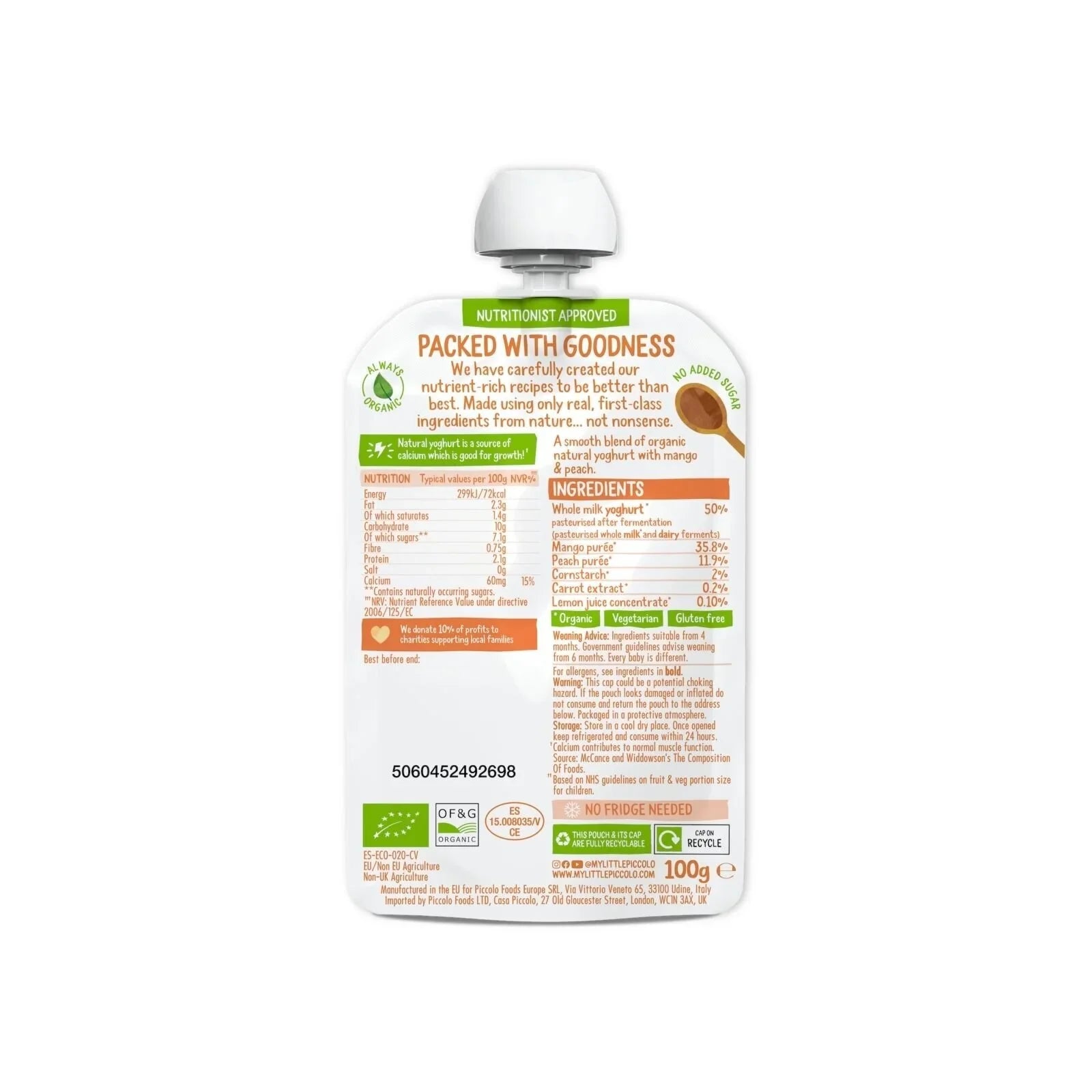 Piccolo Organic Natural Yoghurt Mango & Peach 6+ months 100g