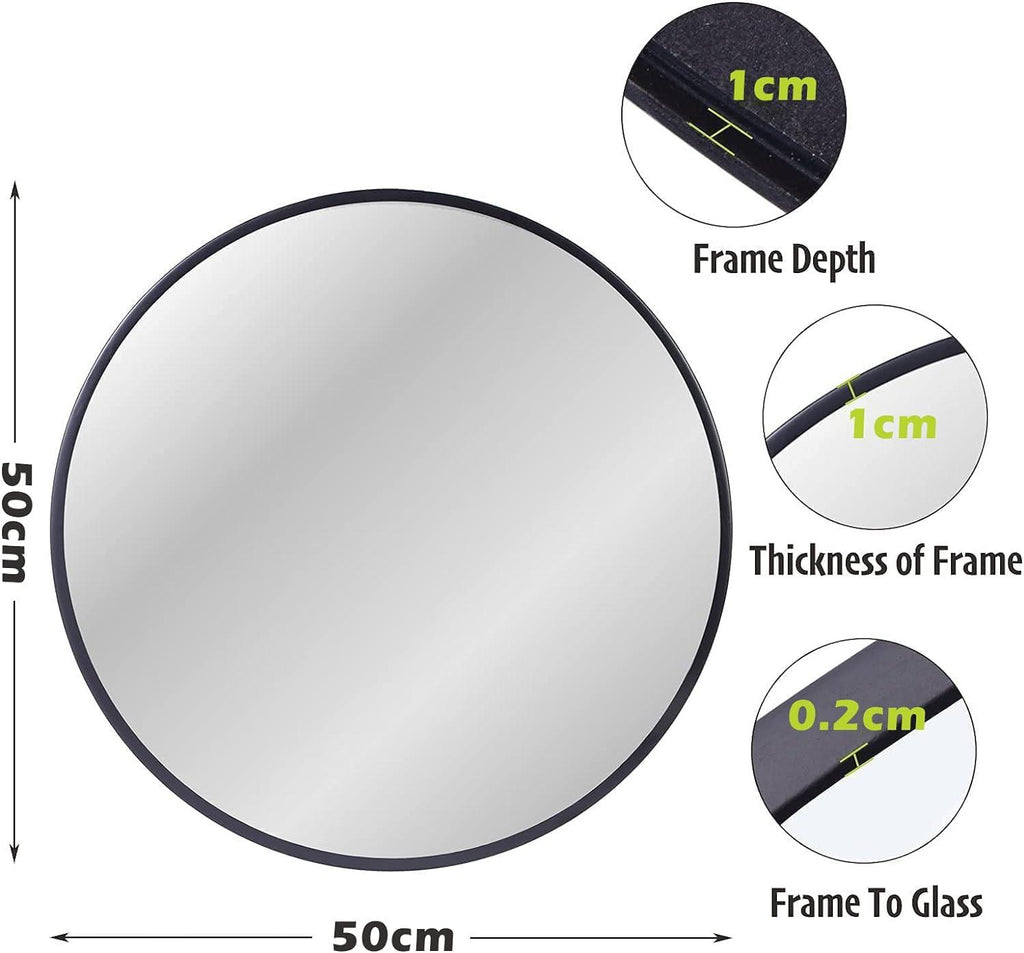 ZENIDA Round Wall Mirror – 50cm Black Metal Frame Modern Bathroom Decor