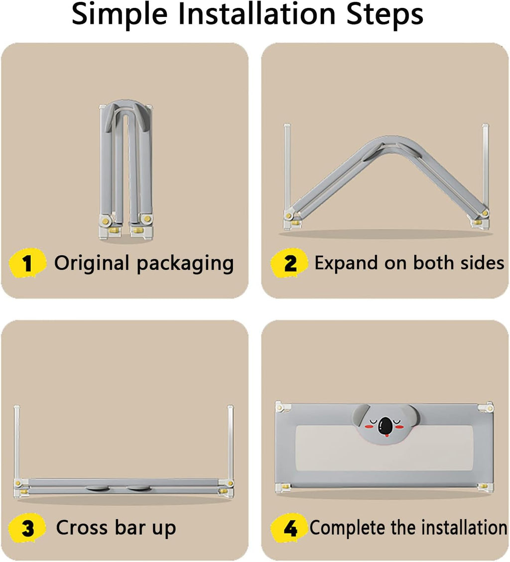 EAQ Toddler Bed Guard 150cm | No-Install Adjustable Gray Frog Rail
