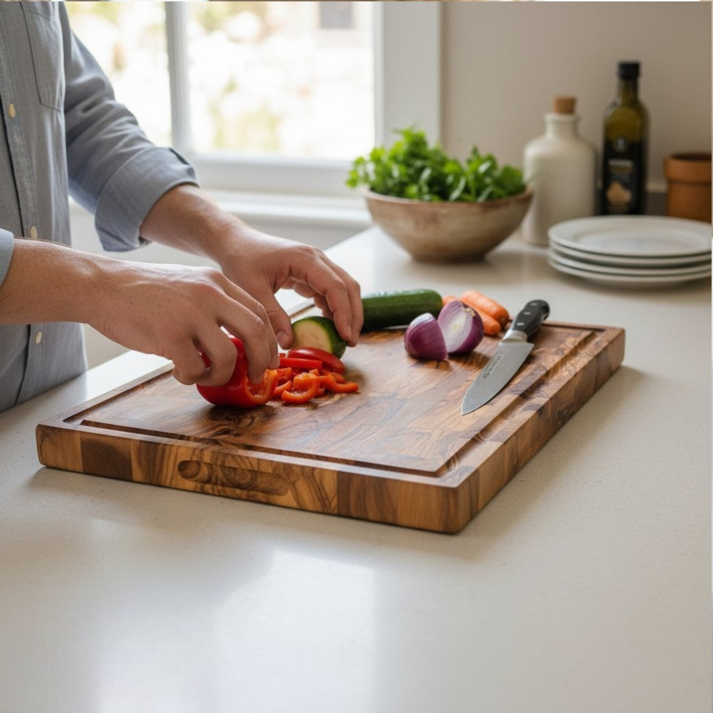Professional Rectangular End Grain Olive Wood Cutting Board - Heavy Duty Butcher Block with Juice Groove & Handles