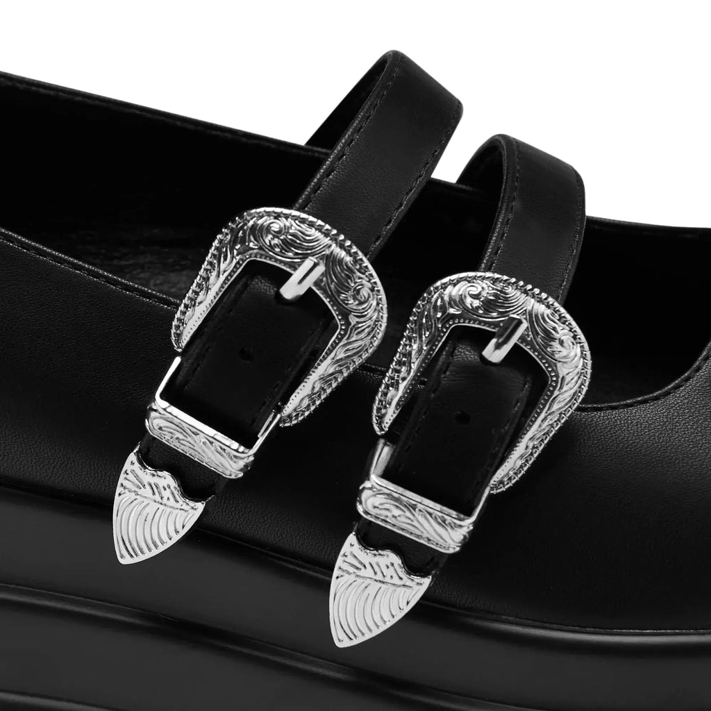 Koi Damona Trident Black Platform Mary Janes with Ornate Buckles