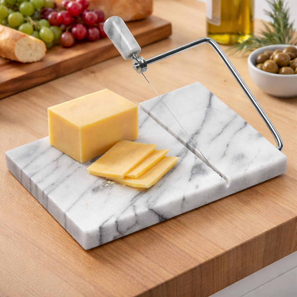Orsina Salerno White Marble Cheese Board with Integrated Wire Slicer