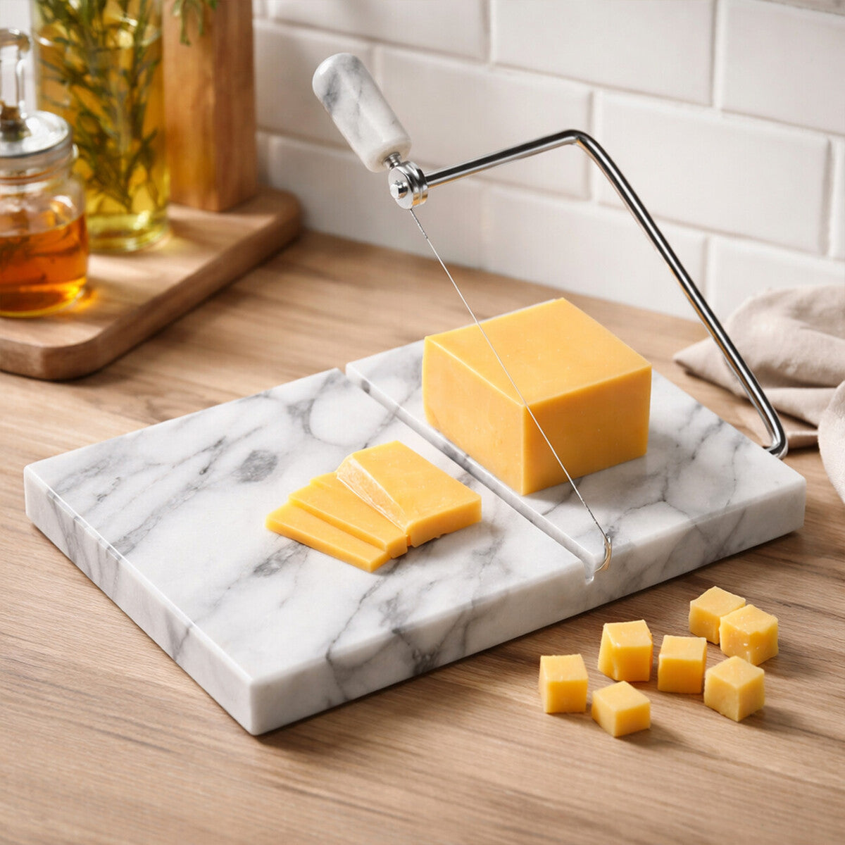 Orsina Salerno White Marble Cheese Board with Integrated Wire Slicer
