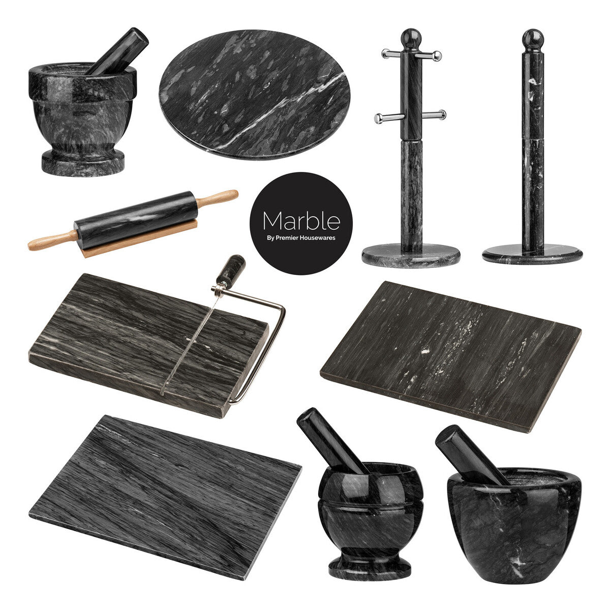 Orsina Marmore Black Marble Rolling Pin with Wooden Handles