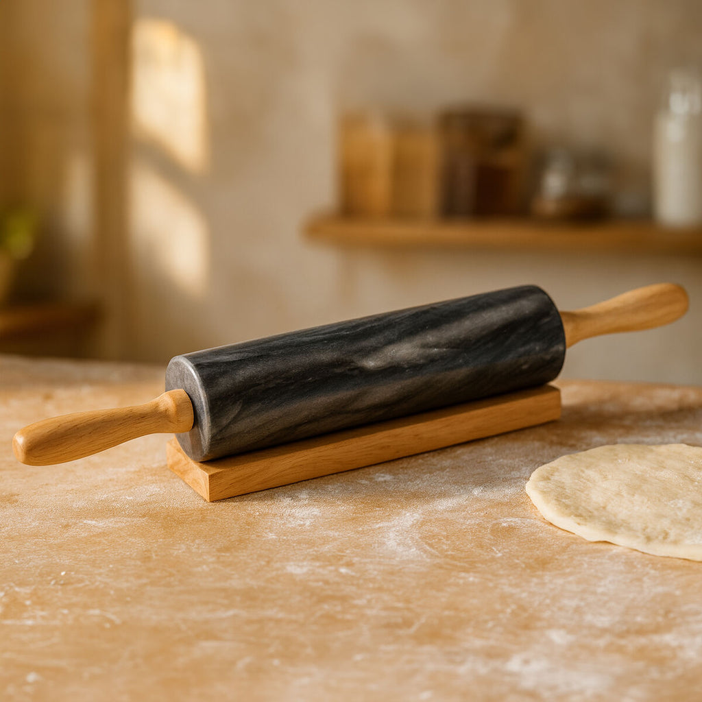 Orsina Marmore Black Marble Rolling Pin with Wooden Handles
