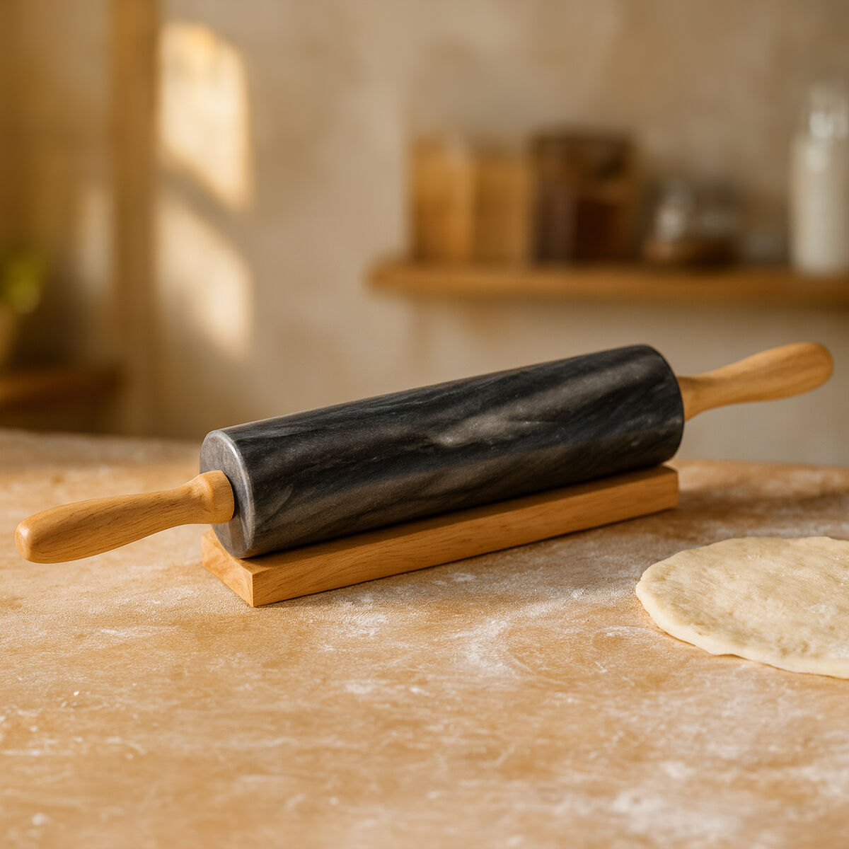Orsina Marmore Black Marble Rolling Pin with Wooden Handles