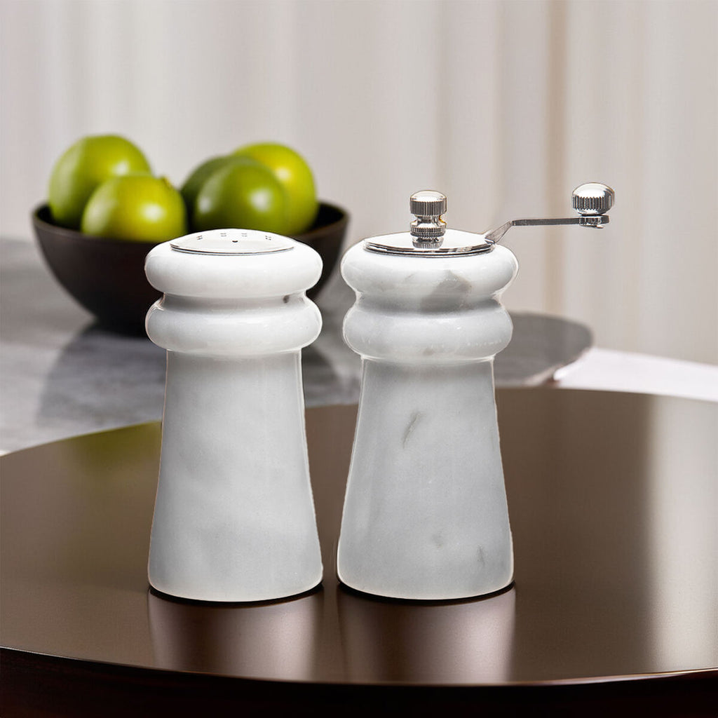 Orsina Salerno White Marble Salt and Pepper Set with Chrome Lids
