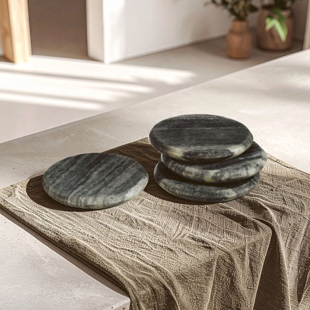 Orsina Grey Marble Round Coasters – Set of 4 Natural Stone Coasters