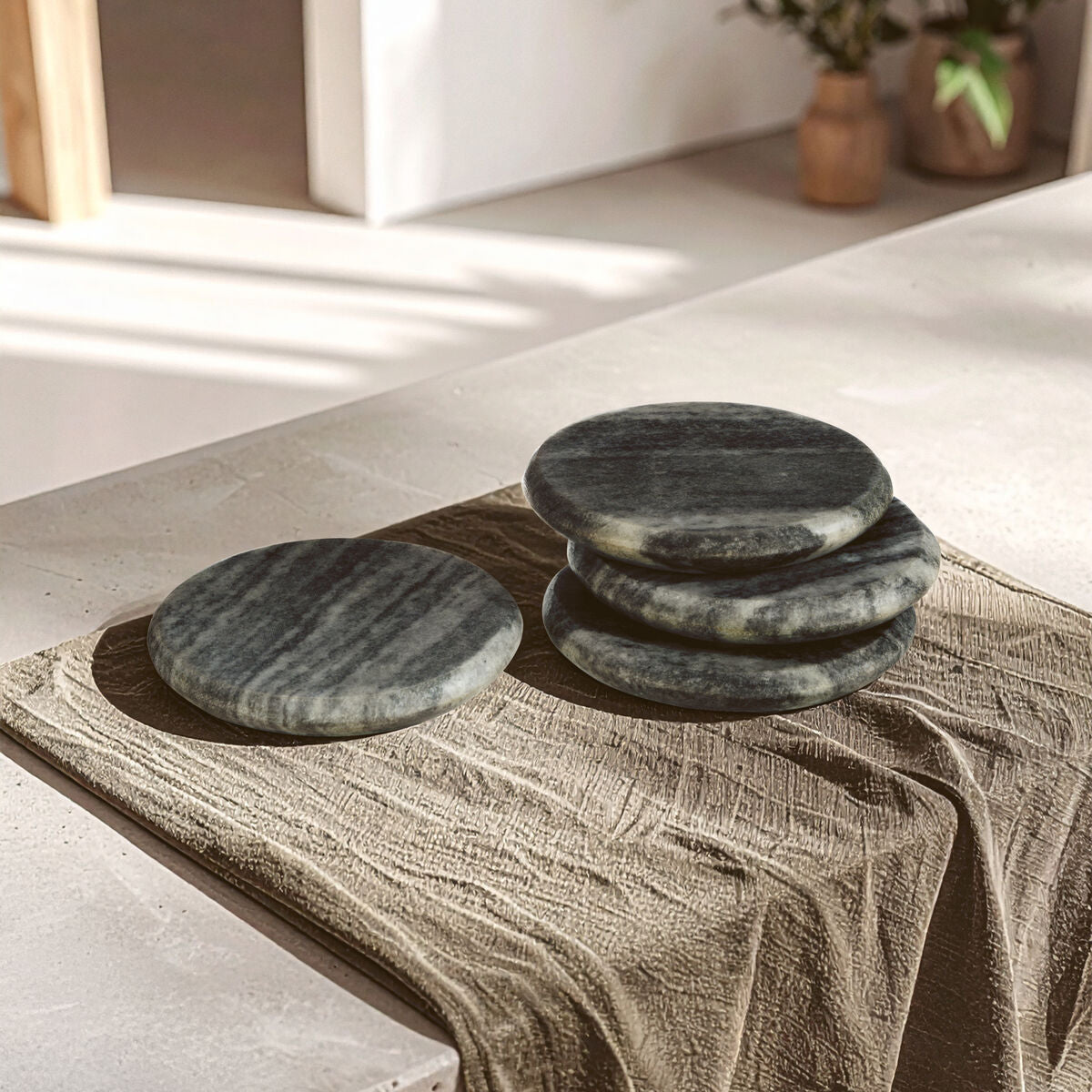 Orsina Grey Marble Round Coasters – Set of 4 Natural Stone Coasters