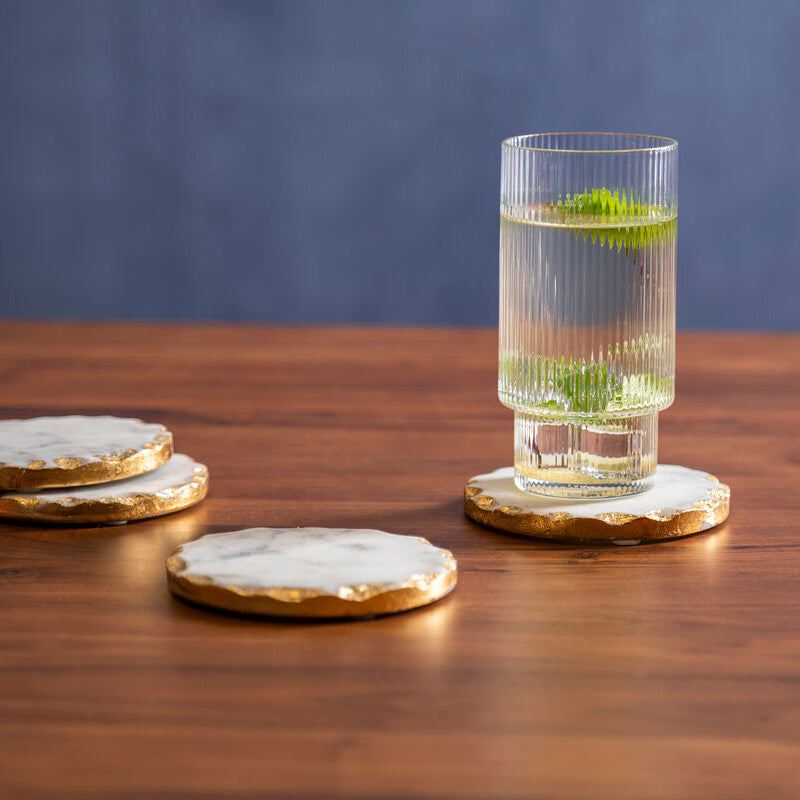 Orsina Empire White Marble Coasters with Gold Rim - Set of 4 Round