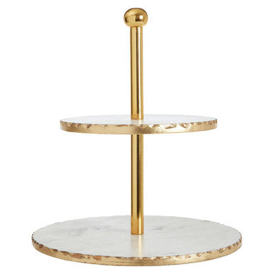 Orsina Empire 2-Tier White Marble and Gold Cake Stand Serving Tray