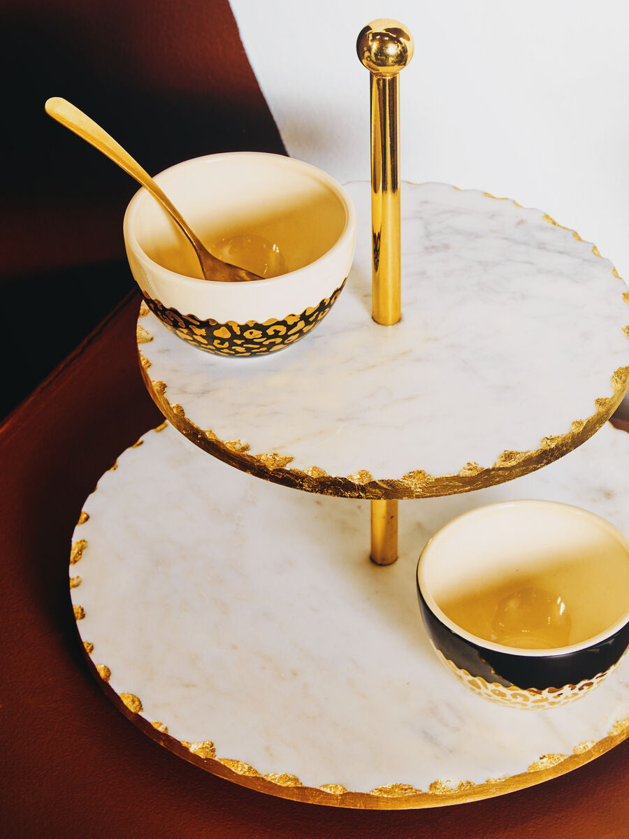 Orsina Empire 2-Tier White Marble and Gold Cake Stand Serving Tray