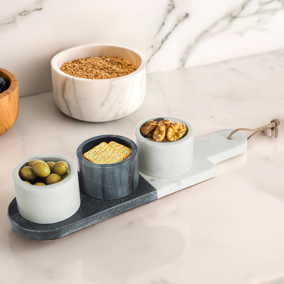 Orsina Bulgari Marble Condiment Bowls and Board Set – 4 Piece Set